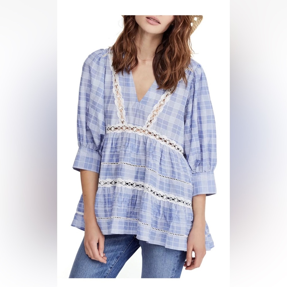 Free People Woman's Tunic Time Out Tunic Small Blue Plaid V Neck Boho Hippie XS